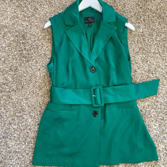 Worthington Tops - Worthington Emerald Green Satin Dressy Button Down Top Belt Large Holiday Party